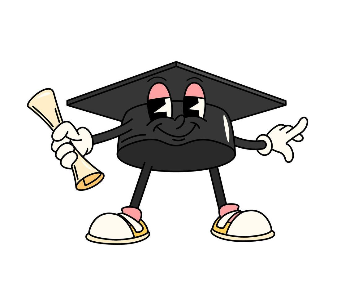 Cartoon groovy school student cap holding diploma vector