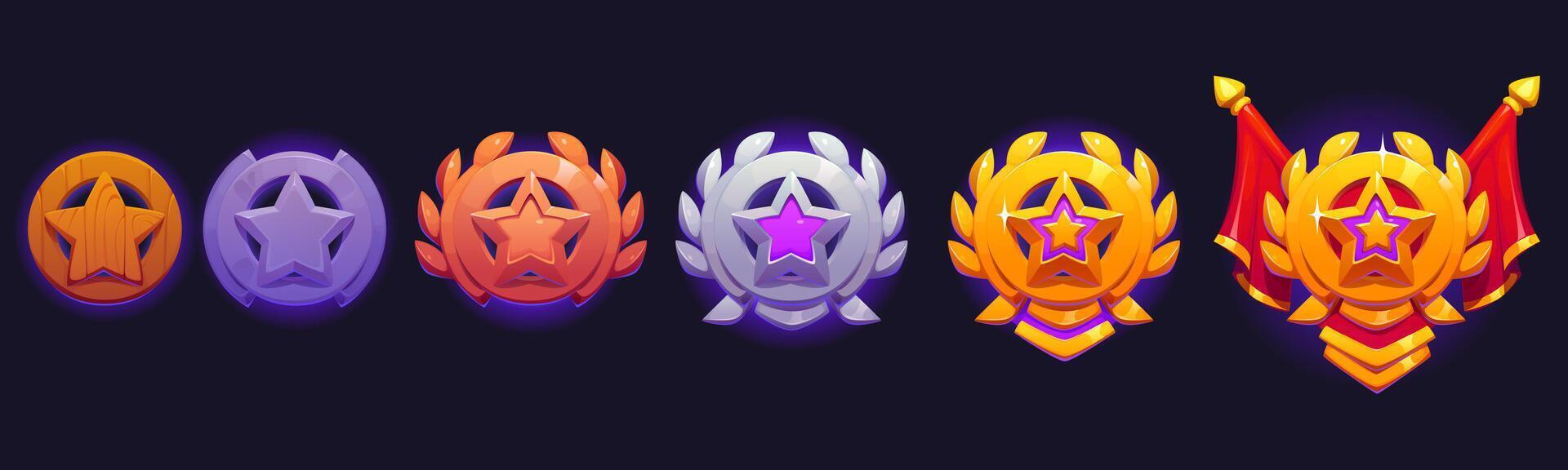 Game level star badge, rank heraldic medal trophy vector