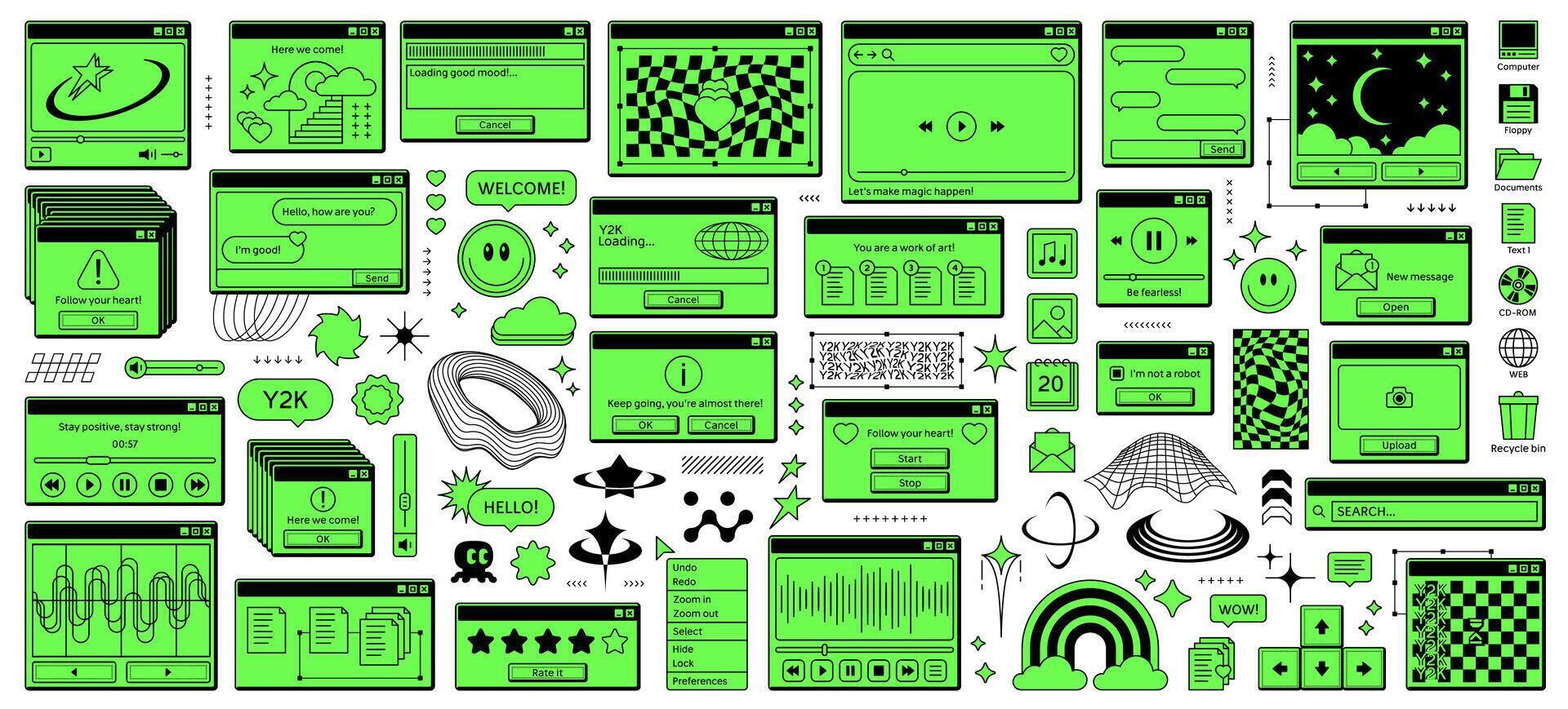 Y2k retro rave window browser neon green stickers vector