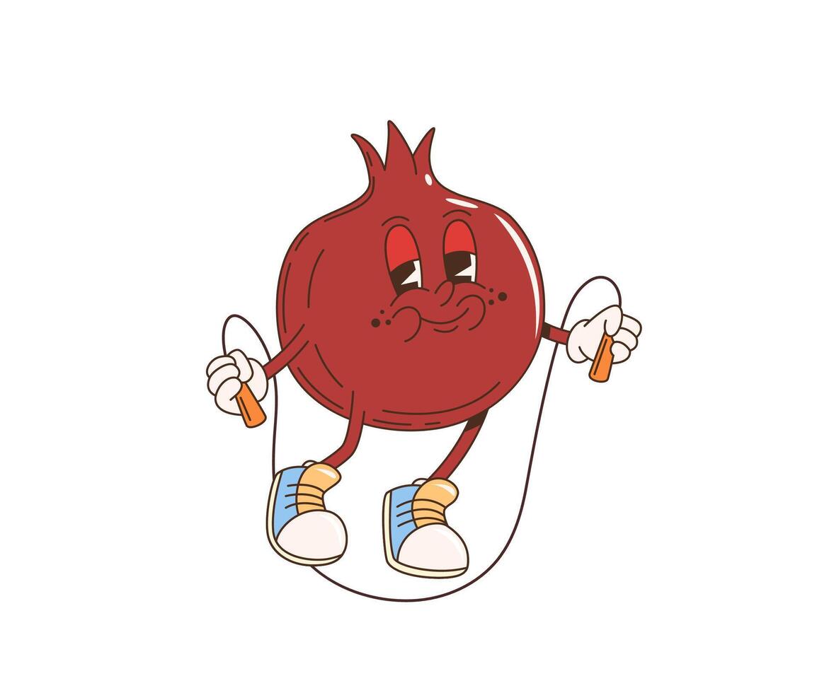 Retro cartoon groovy pomegranate skipping rope vector