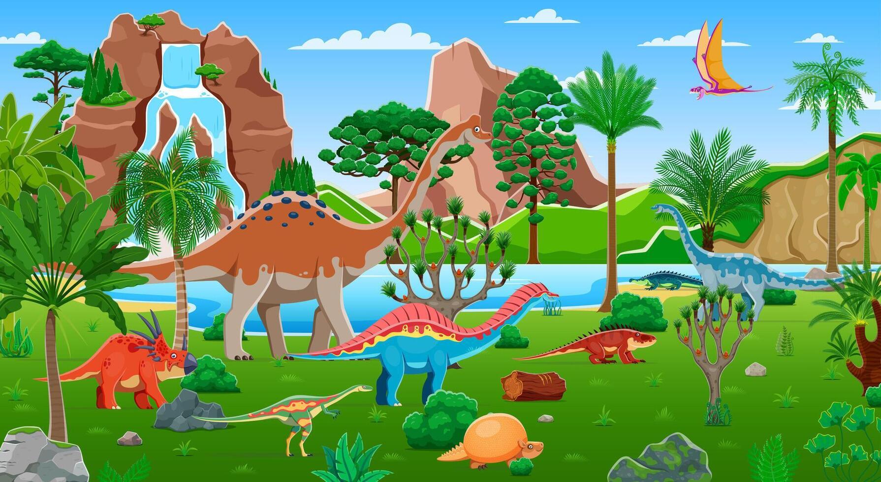 Cartoon prehistoric dinosaurs characters in park vector