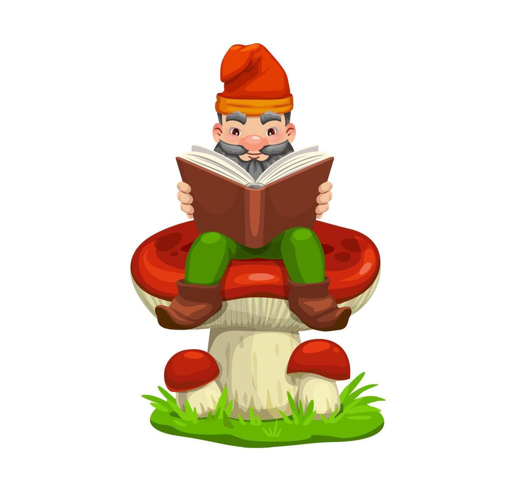 Gnome dwarf reading book, sitting on mushroom vector