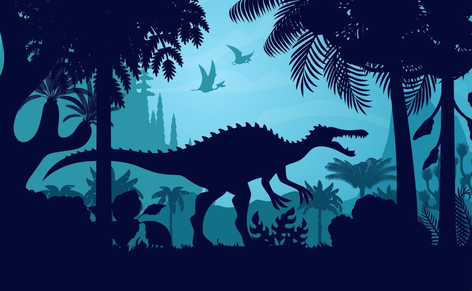 Spinosaurus dinosaur silhouette in mist jungle vector