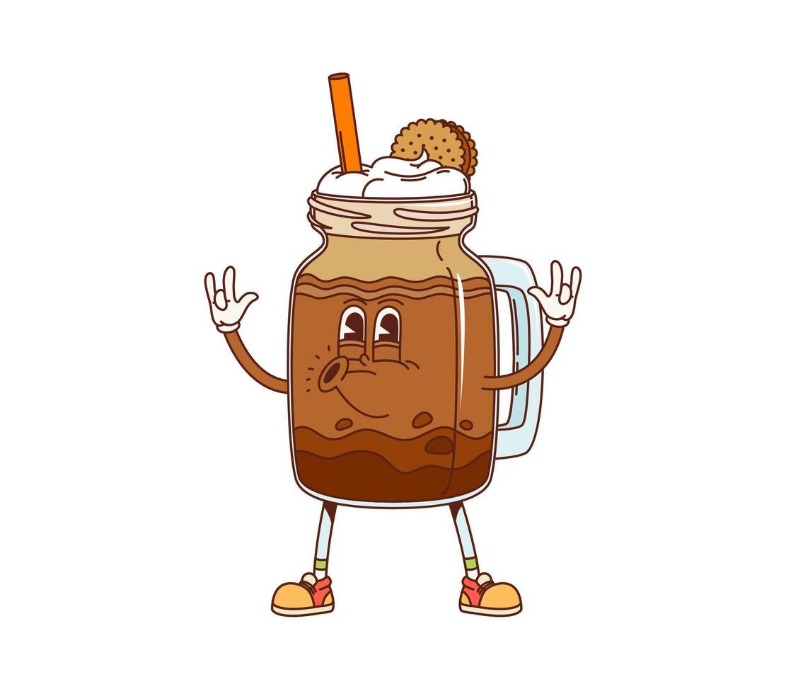 Retro groovy chocolate milkshake dessert character vector