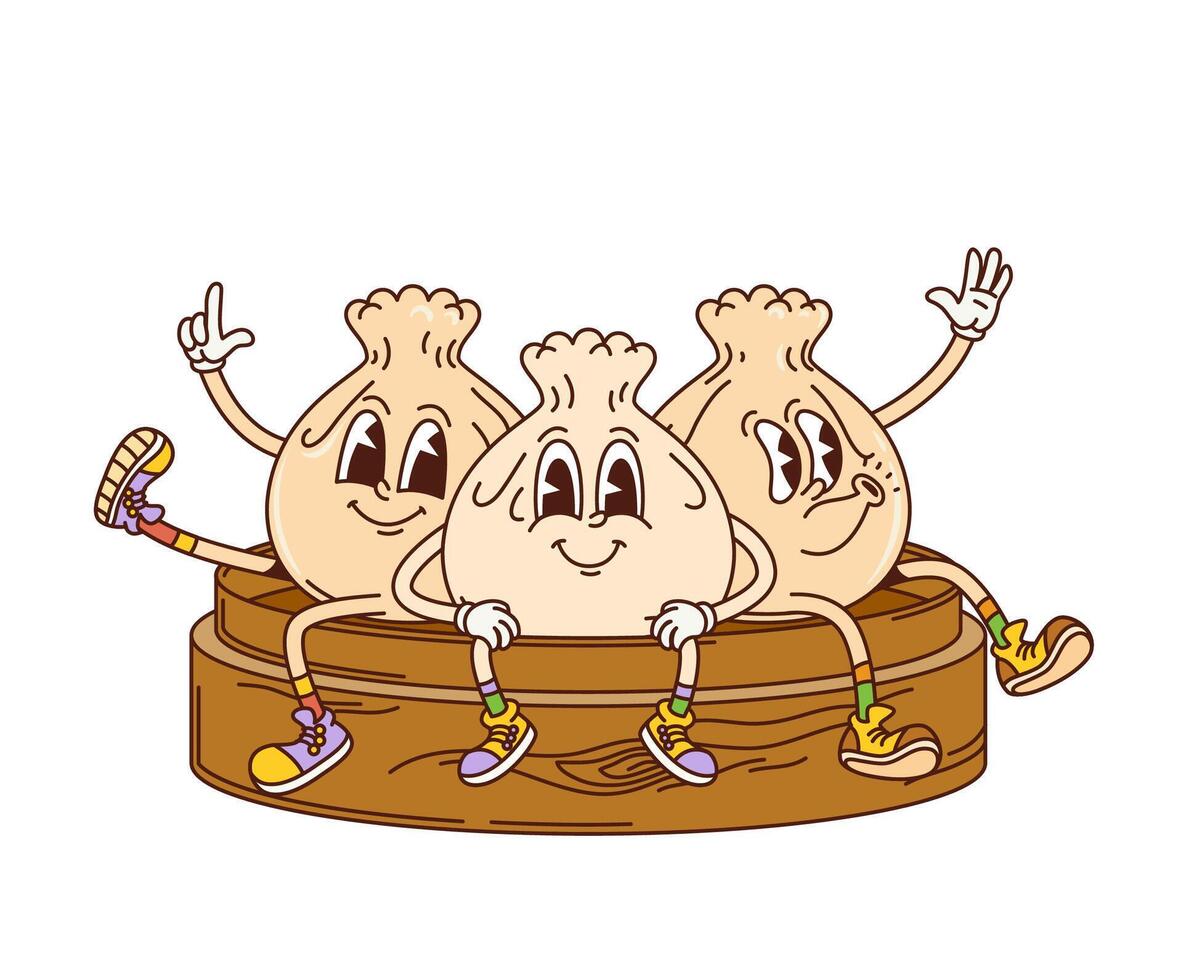 Cartoon retro groovy dim sum funny characters vector