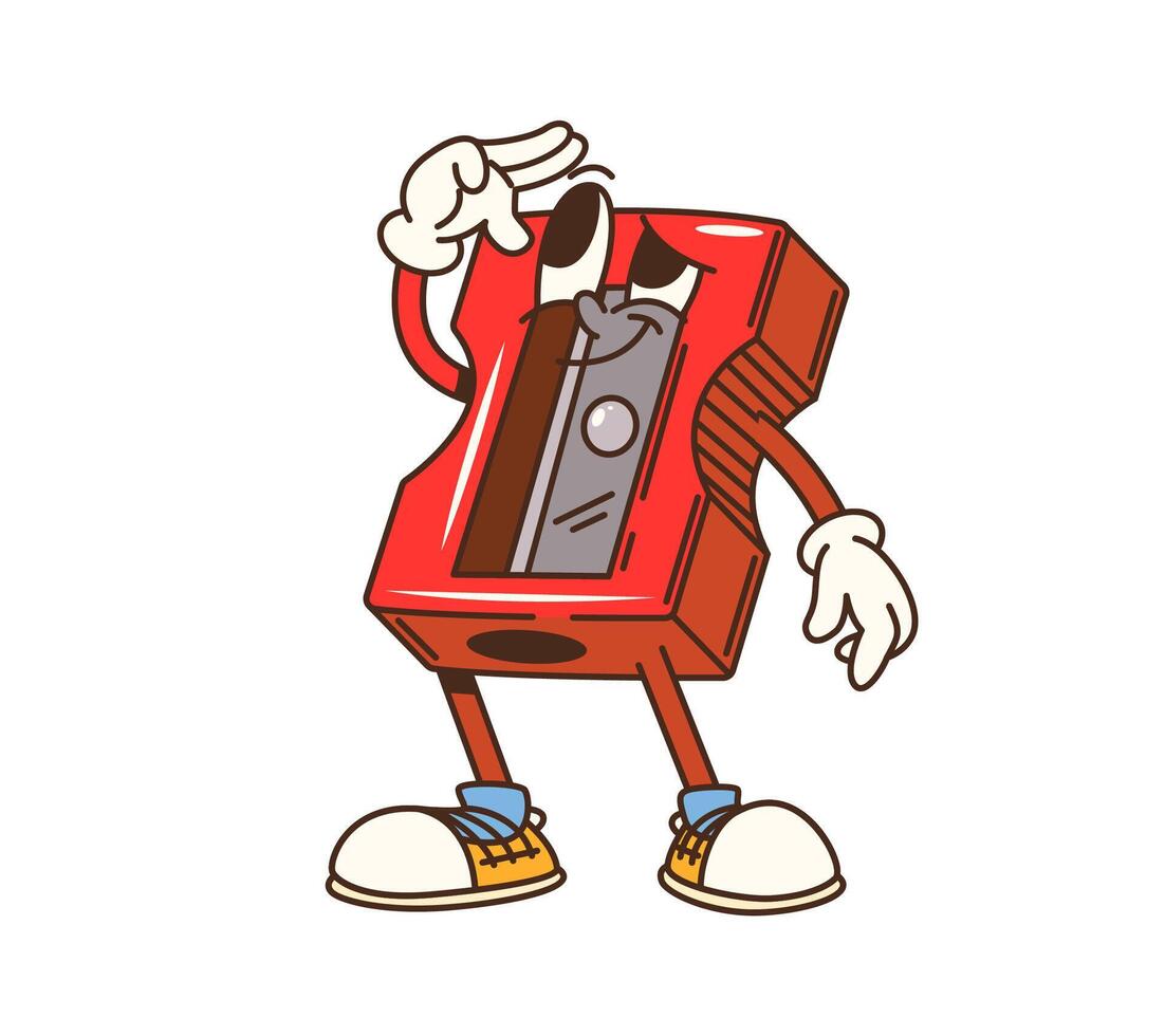 Cartoon groovy school pencil sharpener character vector
