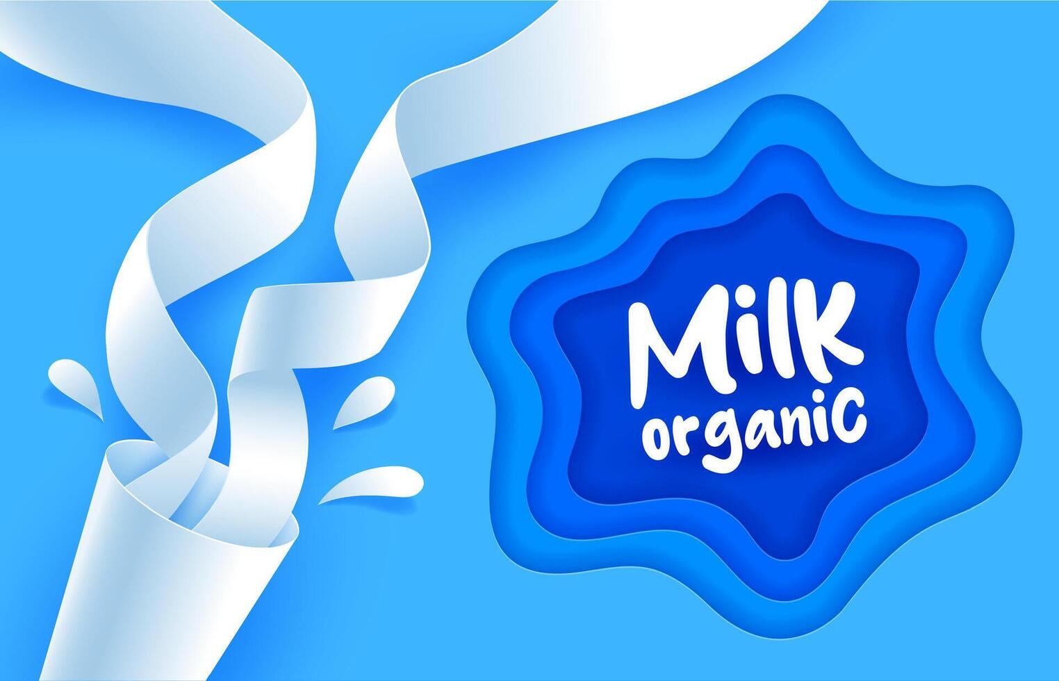 Paper cut milk drink wave, glass, drops and splash vector