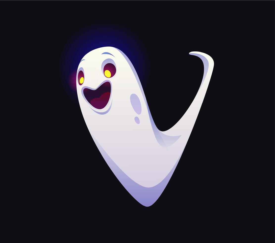 Halloween ghost font, funny boo typeface letter V vector