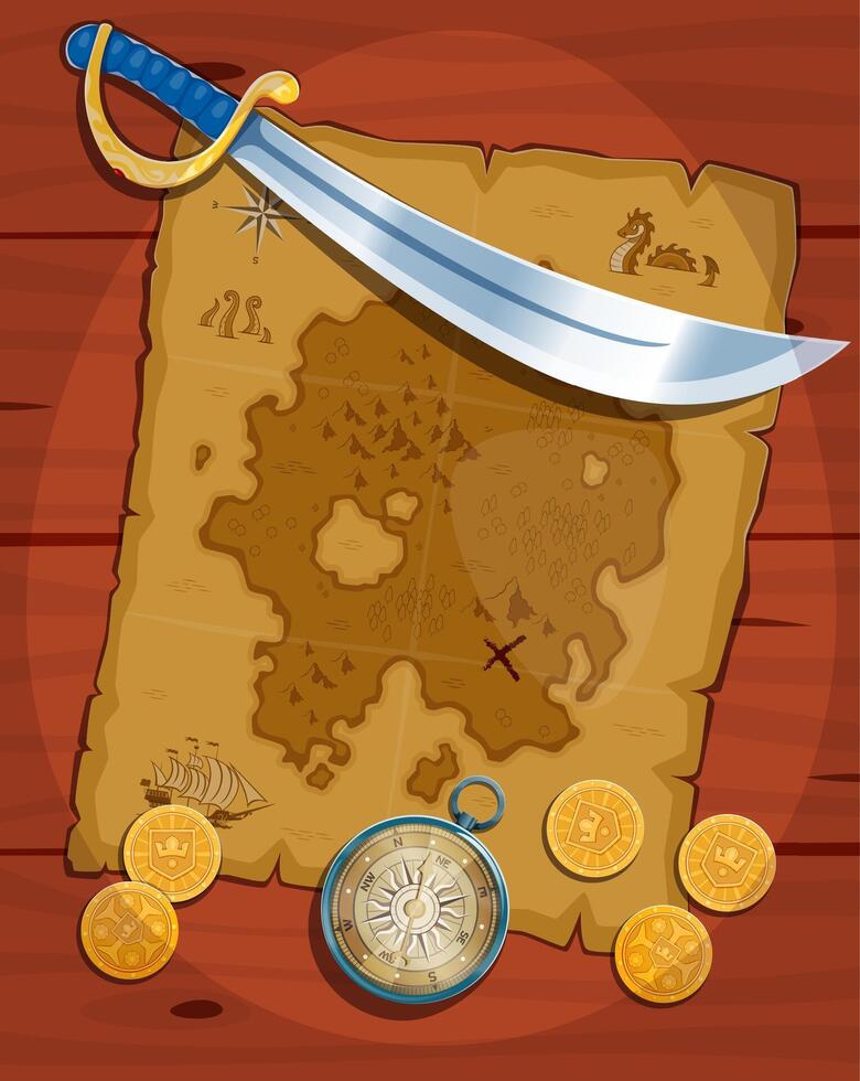 Vintage pirate treasure map with saber and coins vector