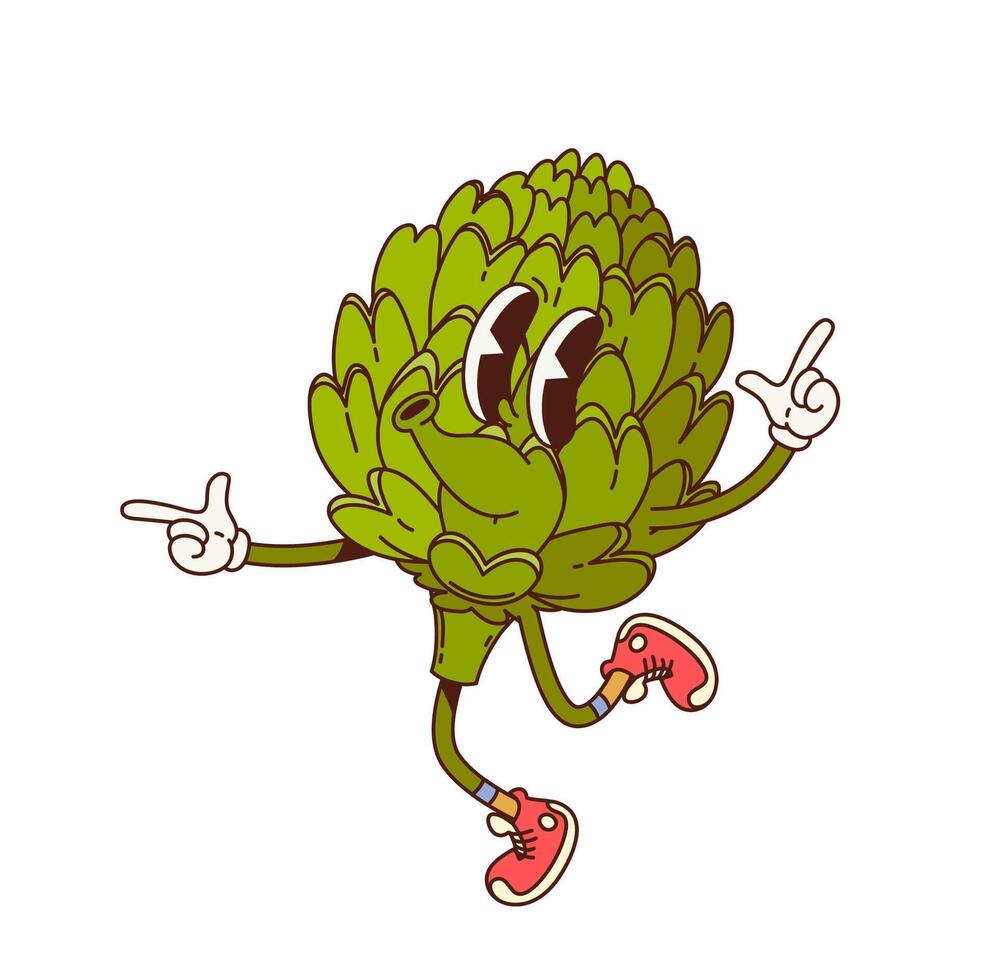 Groovy artichoke vegetable retro cartoon character vector