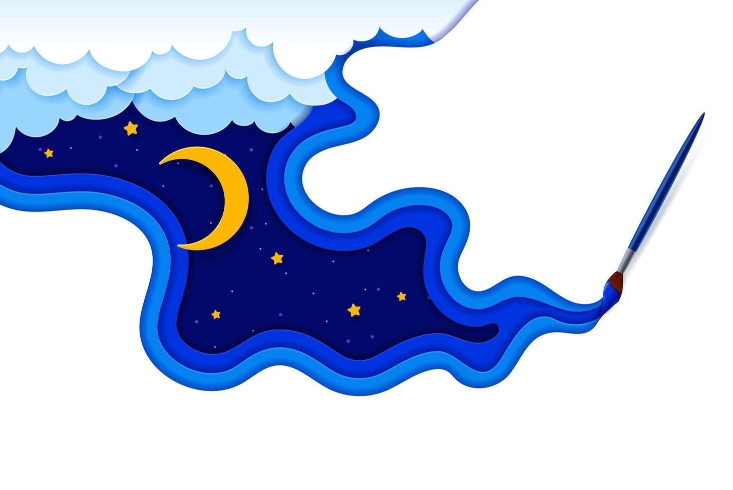 Paint brush and paper cut night sky with crescent vector