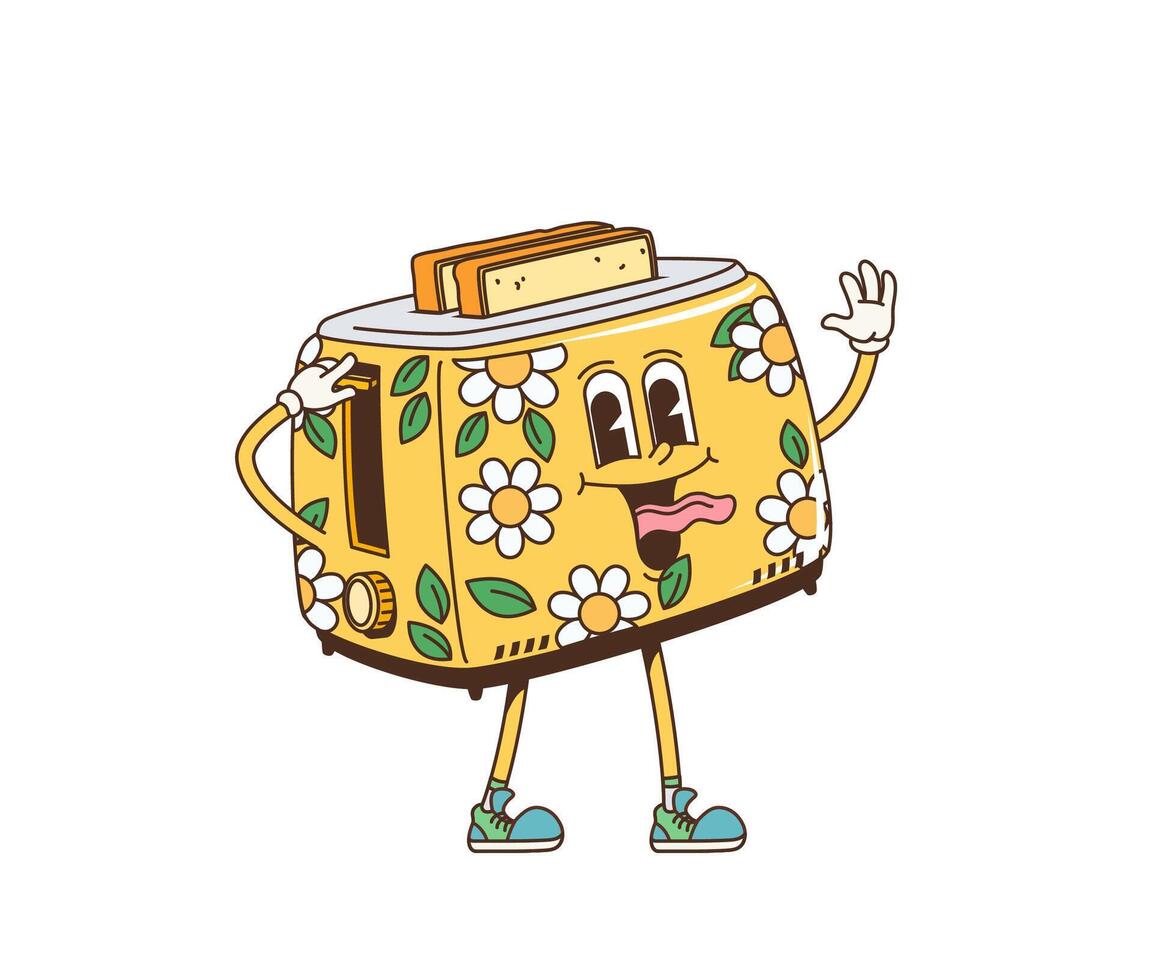 Retro cartoon groovy breakfast toaster character vector