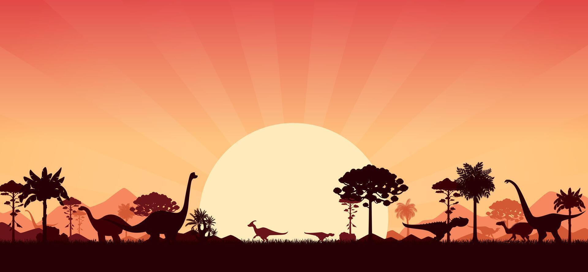 Prehistoric dinosaur silhouettes, sunset and trees vector