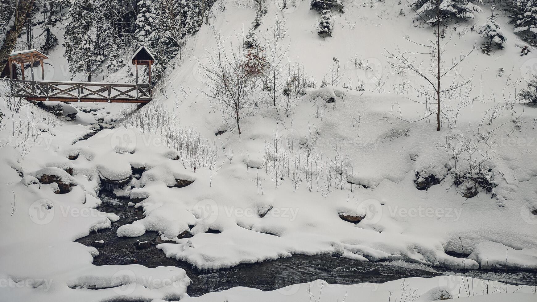 Huk waterfall, frozen waterfall at winter, Carpathian National Park. Ukraine. photo