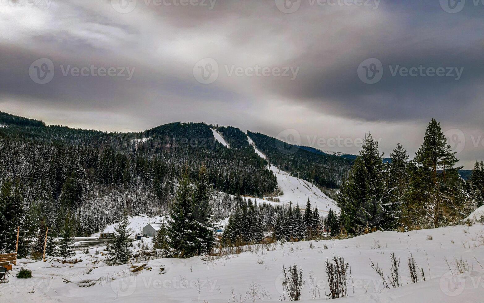 Panoramic view over Carpathian Mountains in wintertime. photo