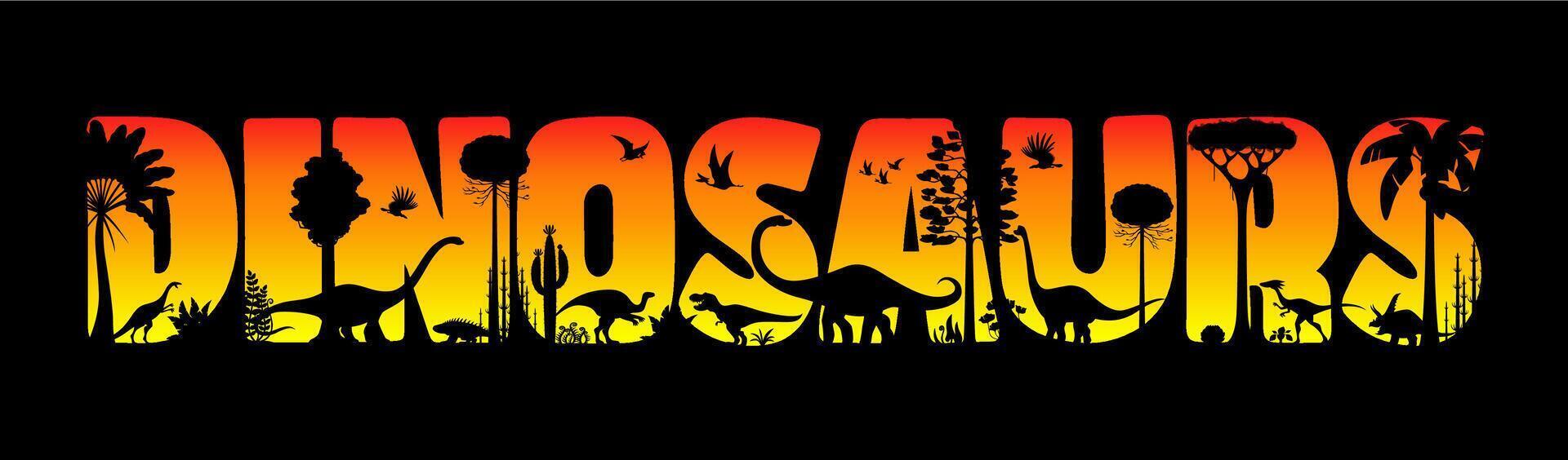 Dinosaurs sunset silhouettes, typography vector
