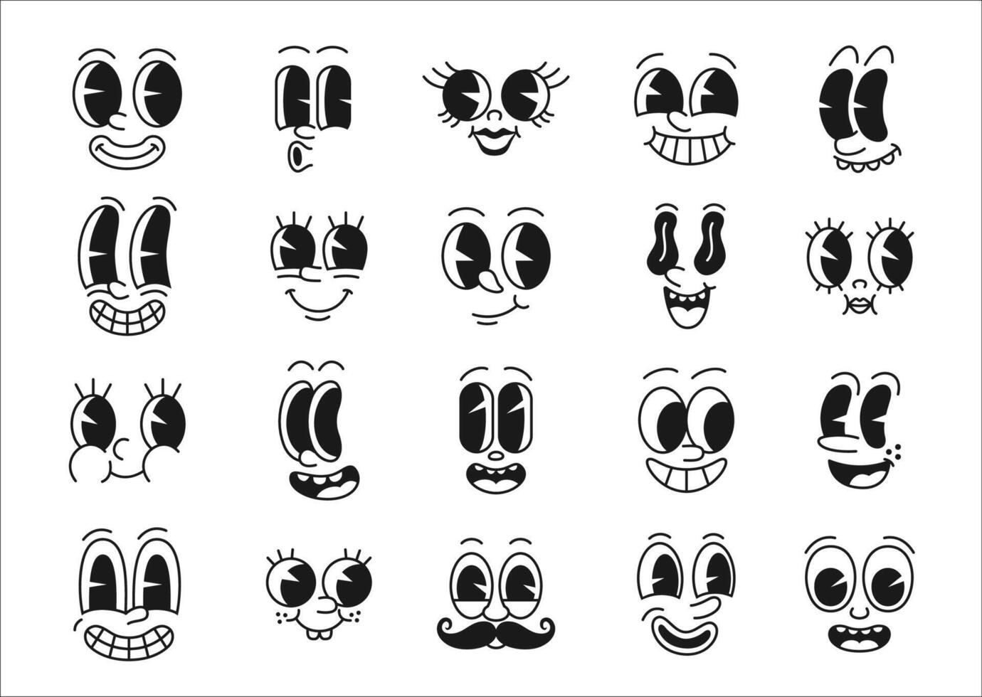 Cartoon comic groovy face, funny eye emotions set vector