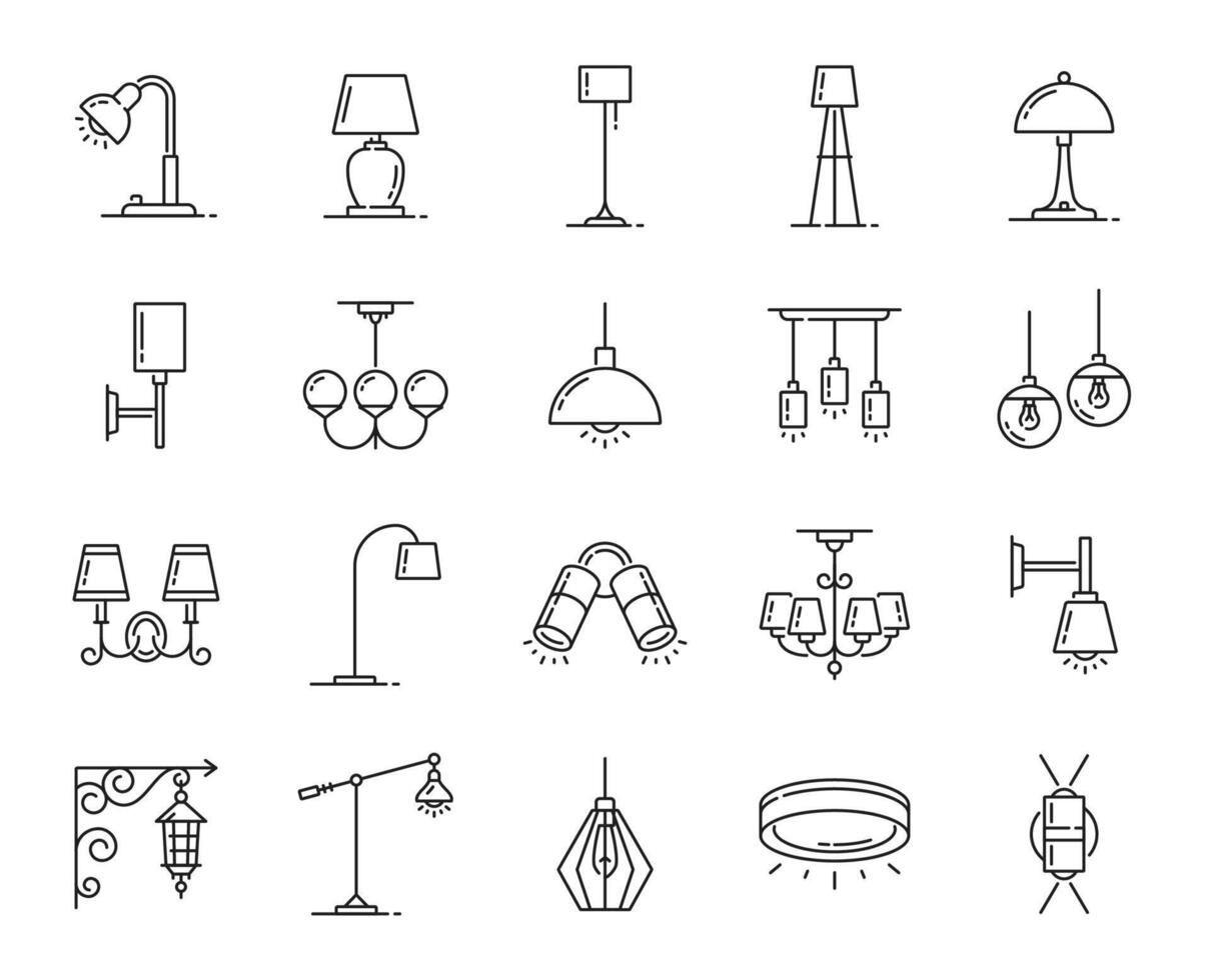 Lamp line icons, lantern and chandelier, spotlight vector