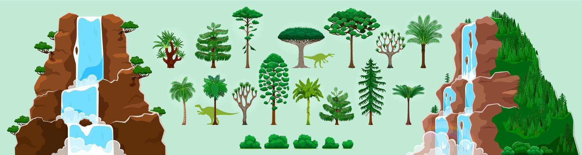 Cartoon palm trees, waterfall, dinosaur game asset vector