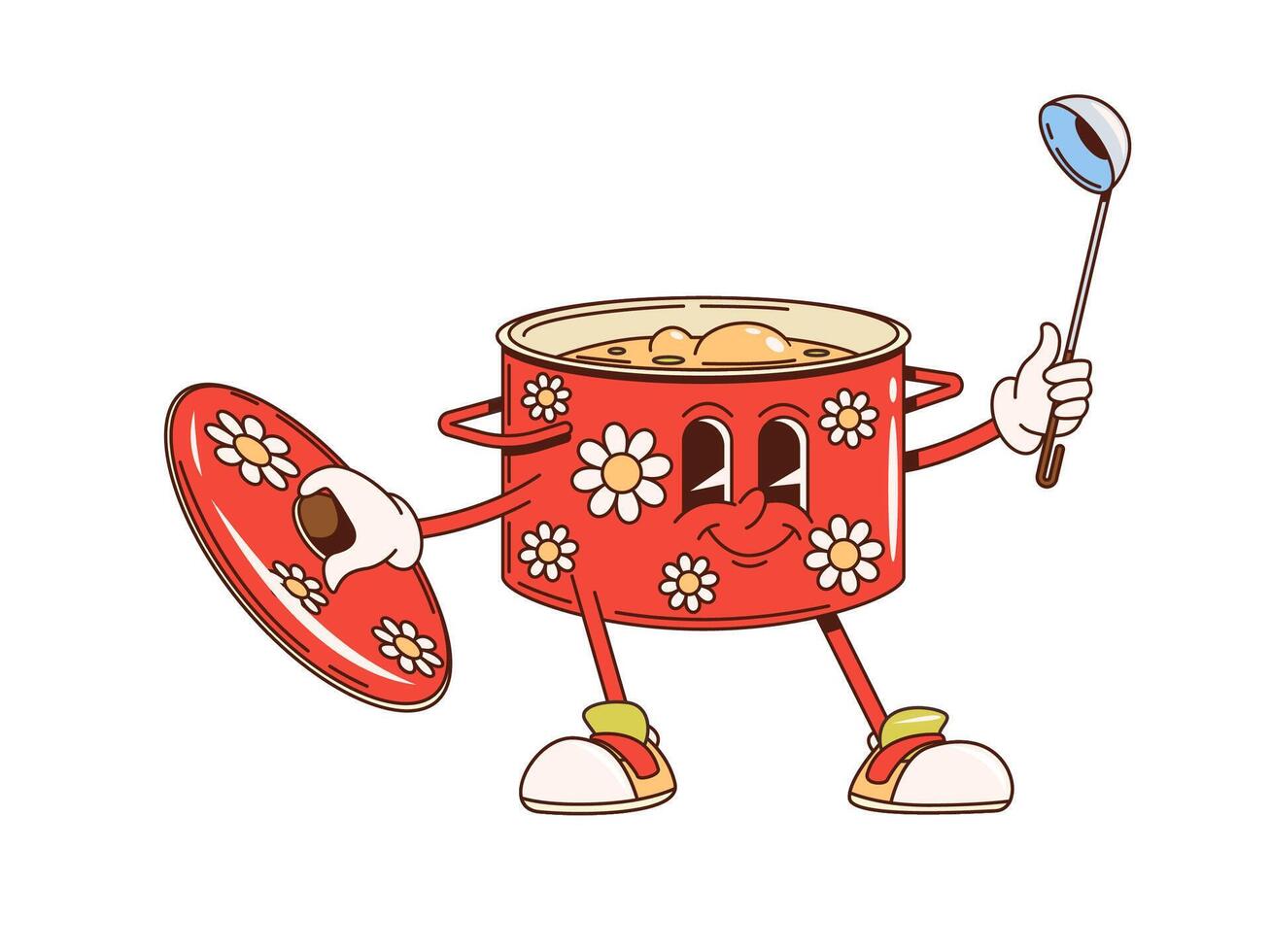 Retro groovy saucepan, kitchenware funny character vector