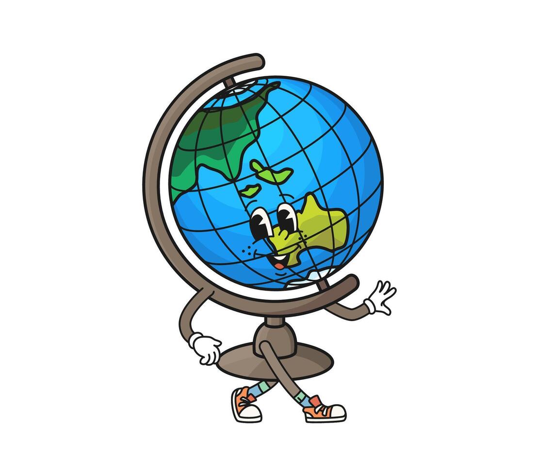 Cartoon groovy school globe with smiling face vector