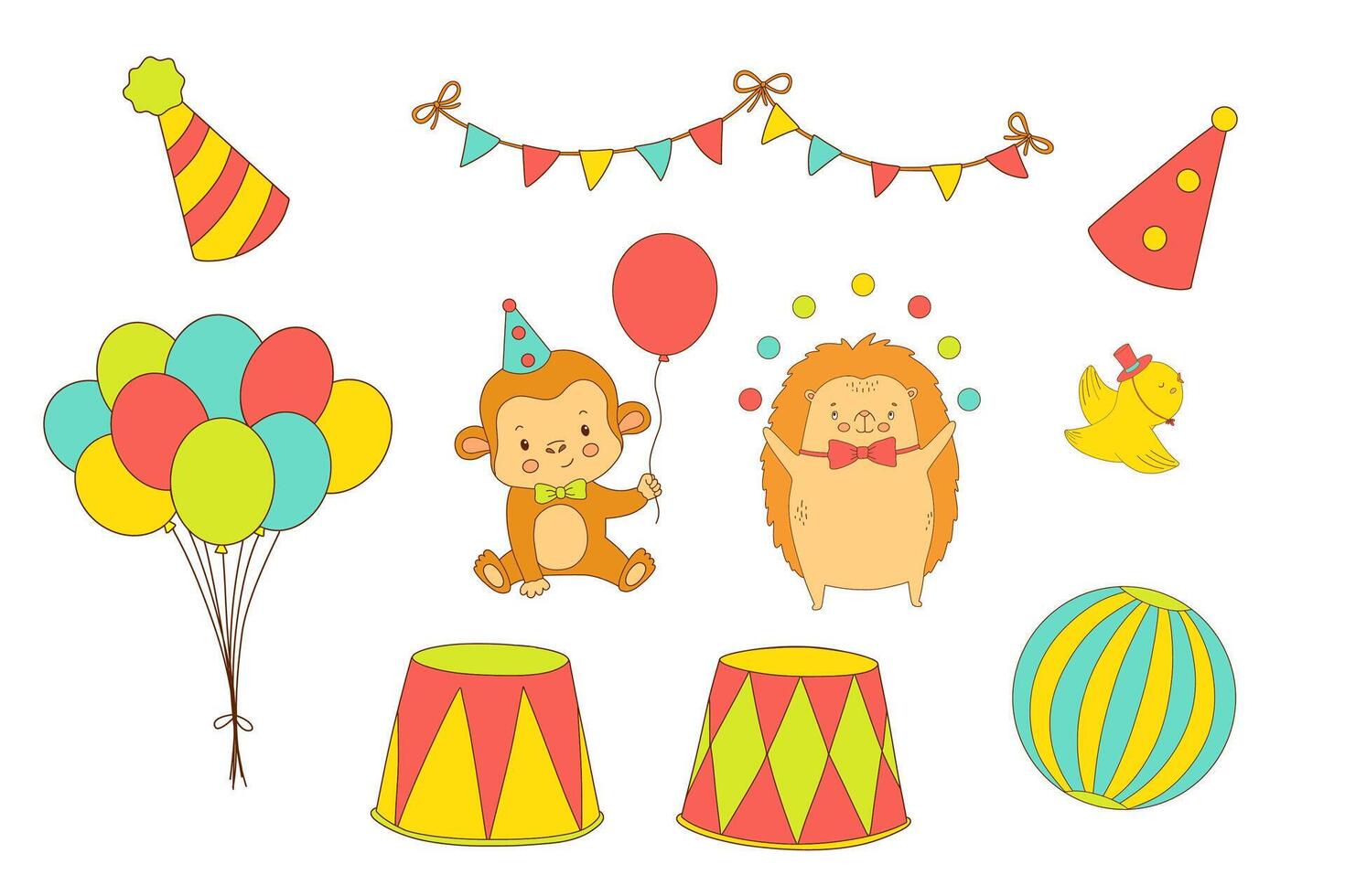 Cute circus monkey with hat and balloon. Funny animal. Hand drawn color illustration vector