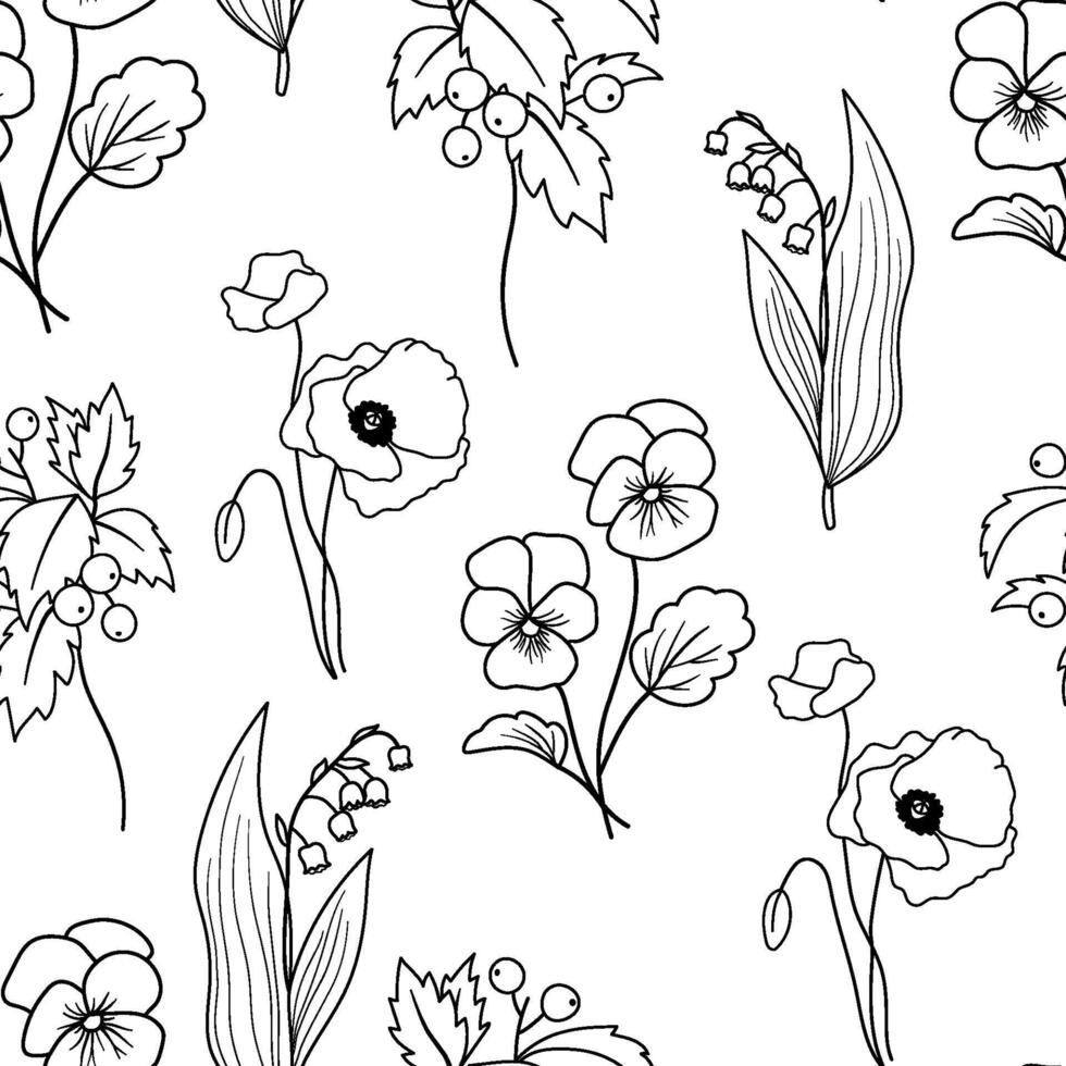 Seamless monochrome pattern with wildflowers and flowers, line art. plants in outline style vector
