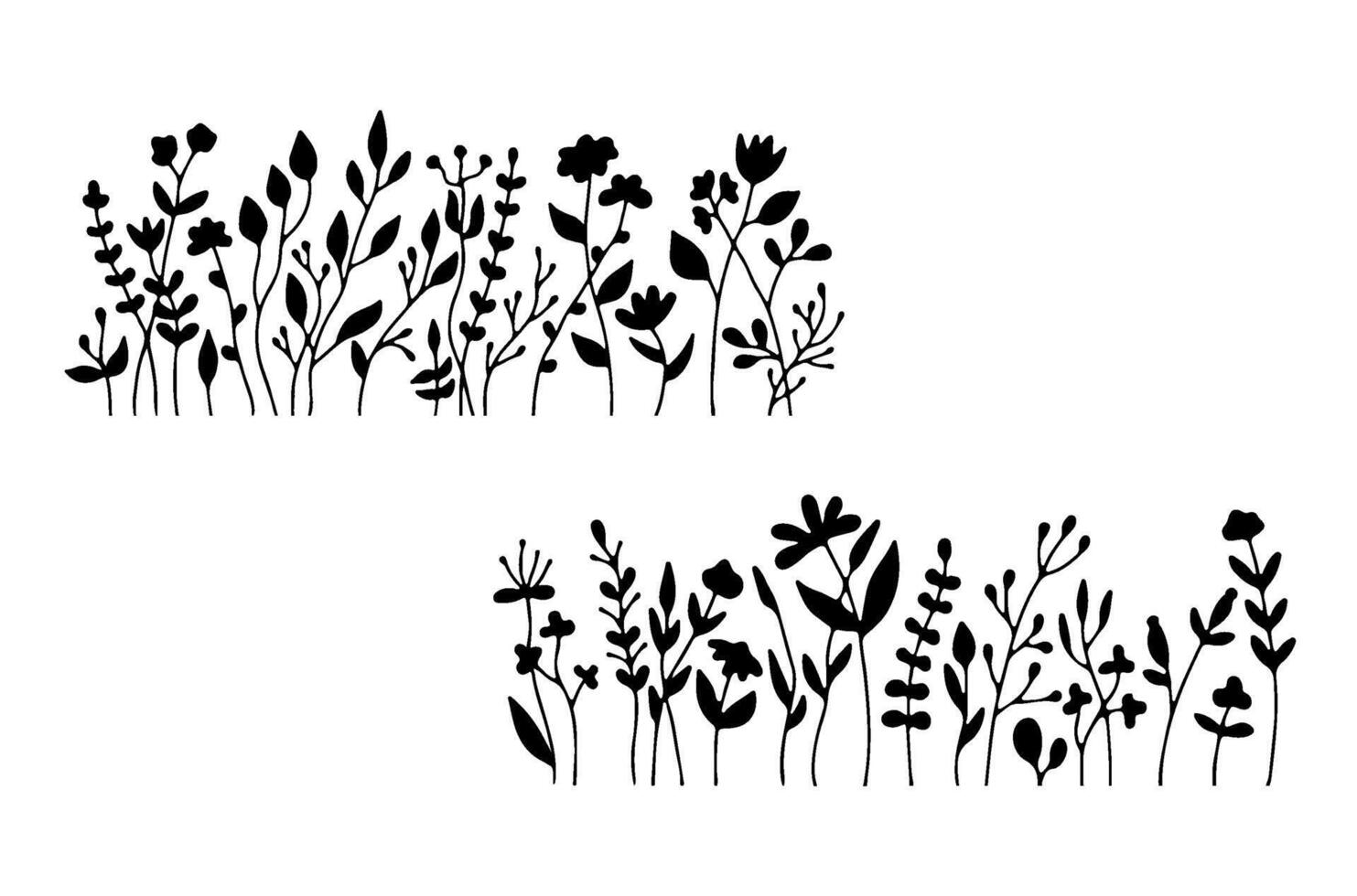 Silhouette wildflowers grass and dragonfly set. Black hand drawn illustration with spring or summer flowers. Shadow of herb and plant. Nature field isolated on white background vector