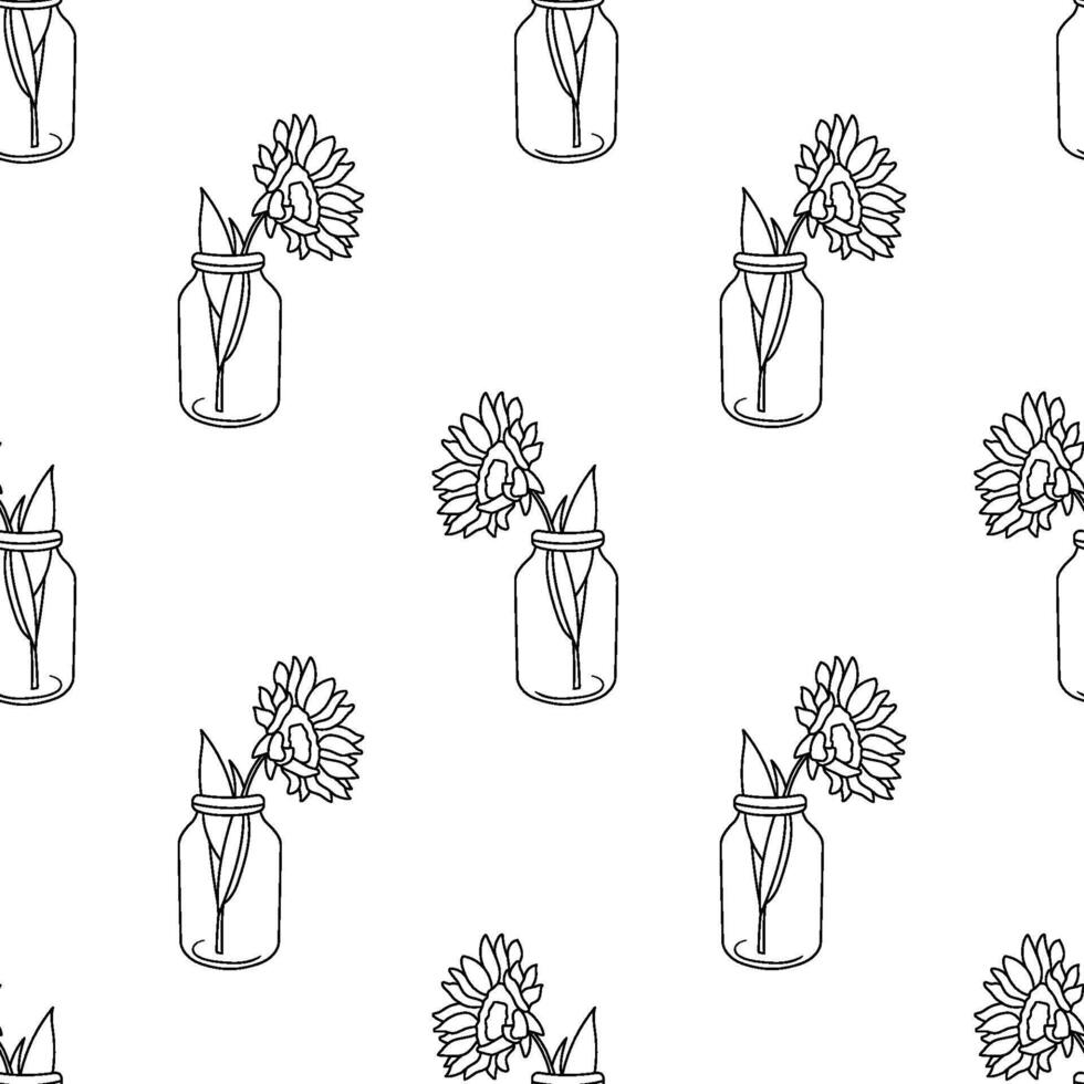 Seamless monochrome pattern with sunflowers in jar. Wildflowers in glass bottle repeat pattern. outline illustration isolated on white vector