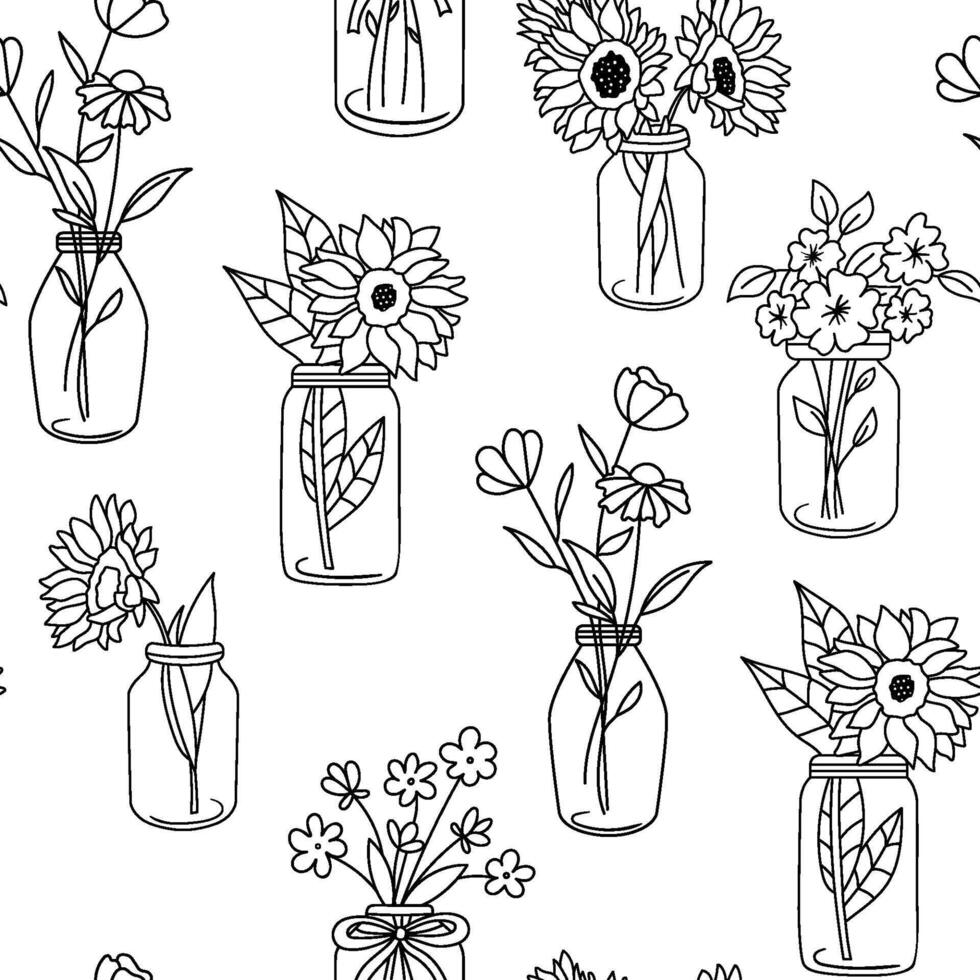Seamless monochrome pattern with sunflowers in jar. Flowers in glass bottle repeat pattern. outline illustration isolated on white vector