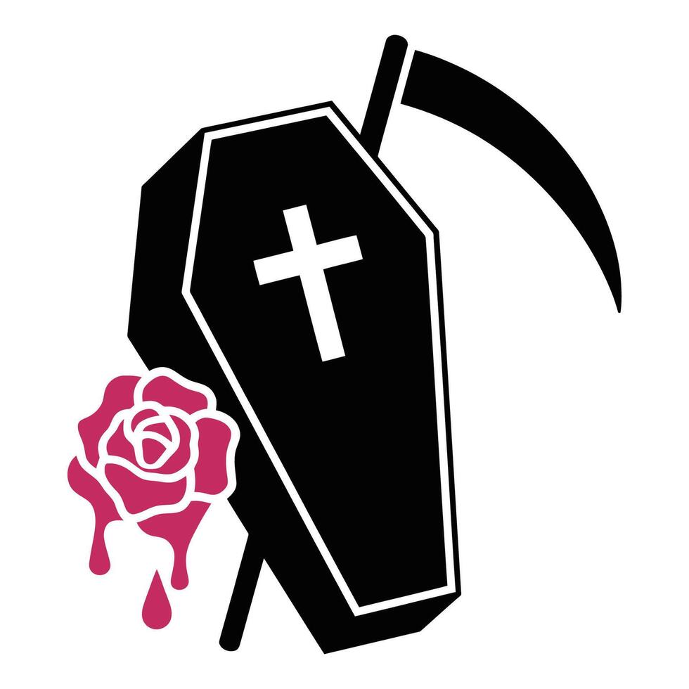 Coffin with scythe and bleeding rose illustration vector