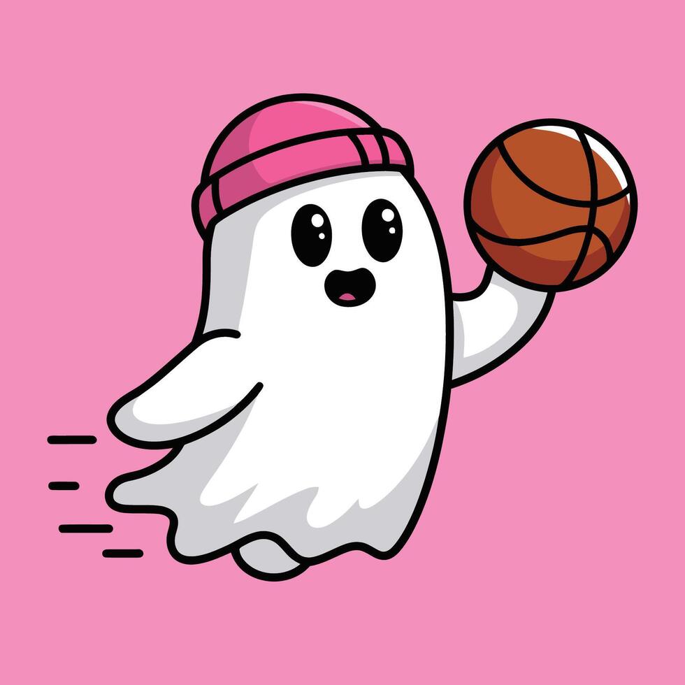 Cute Ghost Playing Basketball with Pink Background vector