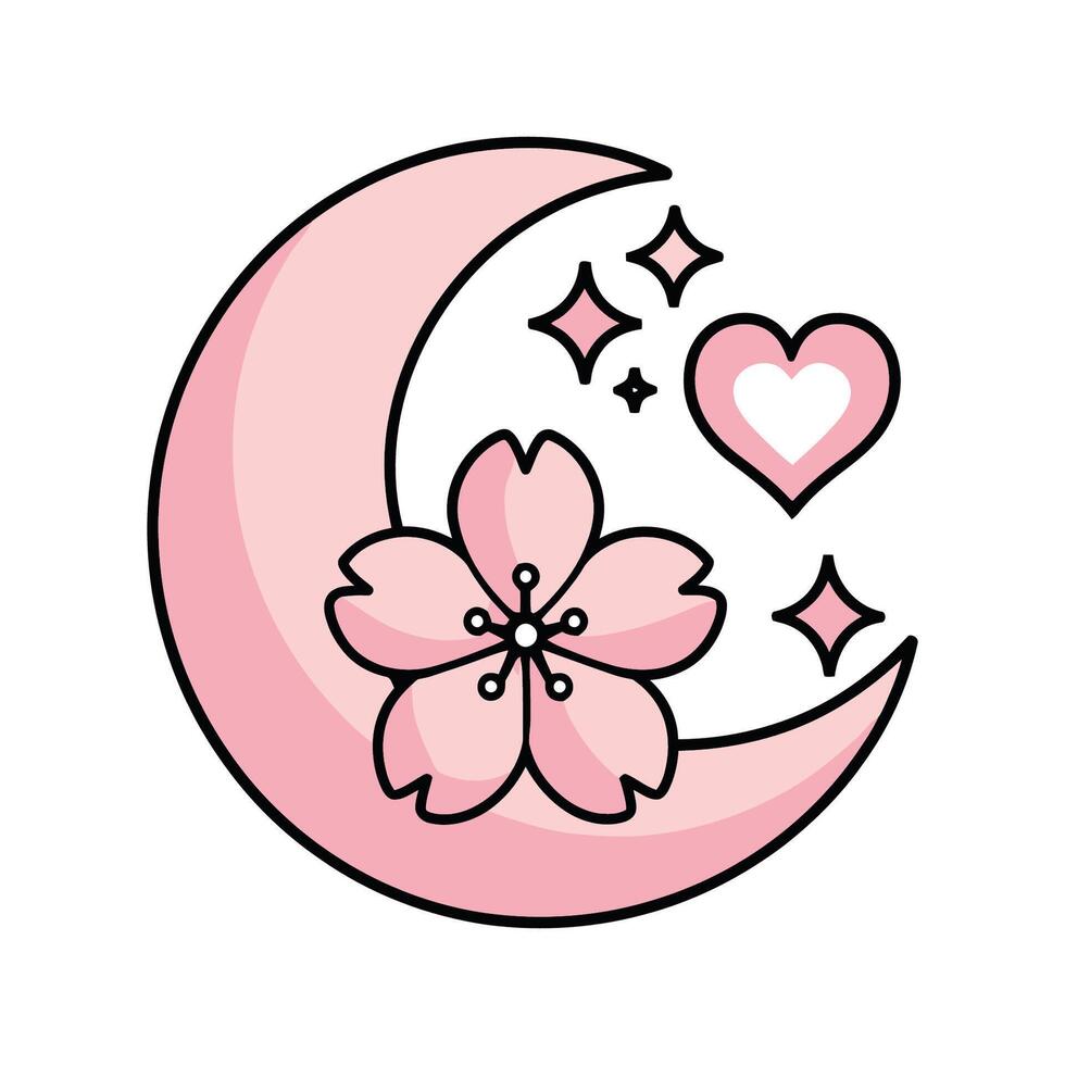 Crescent moon with sakura flower and heart vector