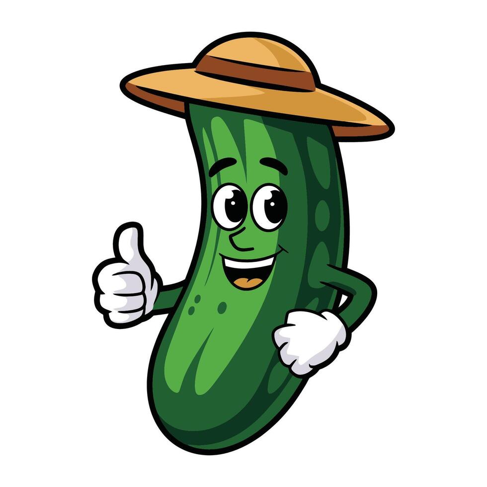 Cheerful Cartoon Cucumber Wearing a Straw Hat Giving Thumbs Up vector
