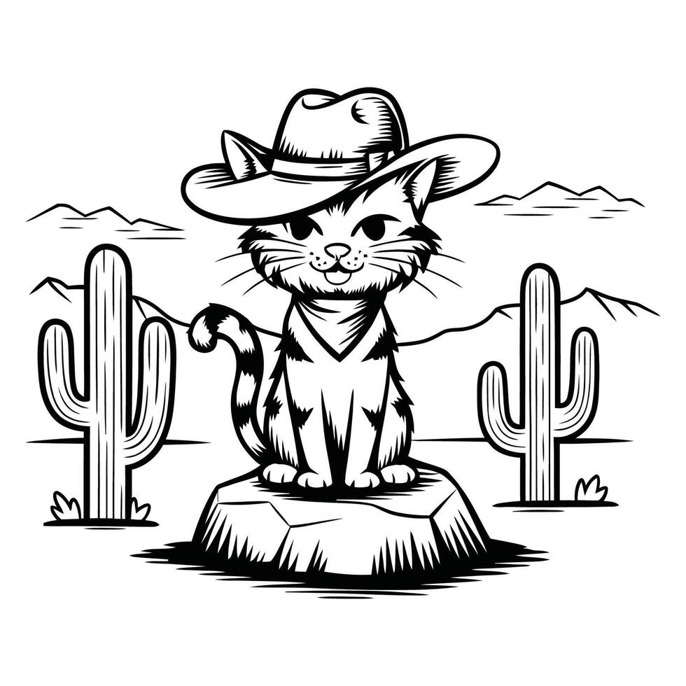 Cowboy Cat Sitting on Rock in Desert with Cactus Sketch Illustration vector