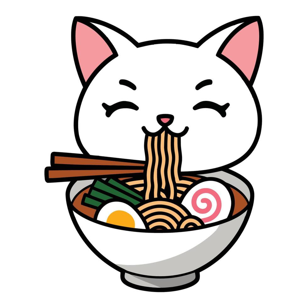 Cute Cat Eating Ramen Noodles Illustration vector