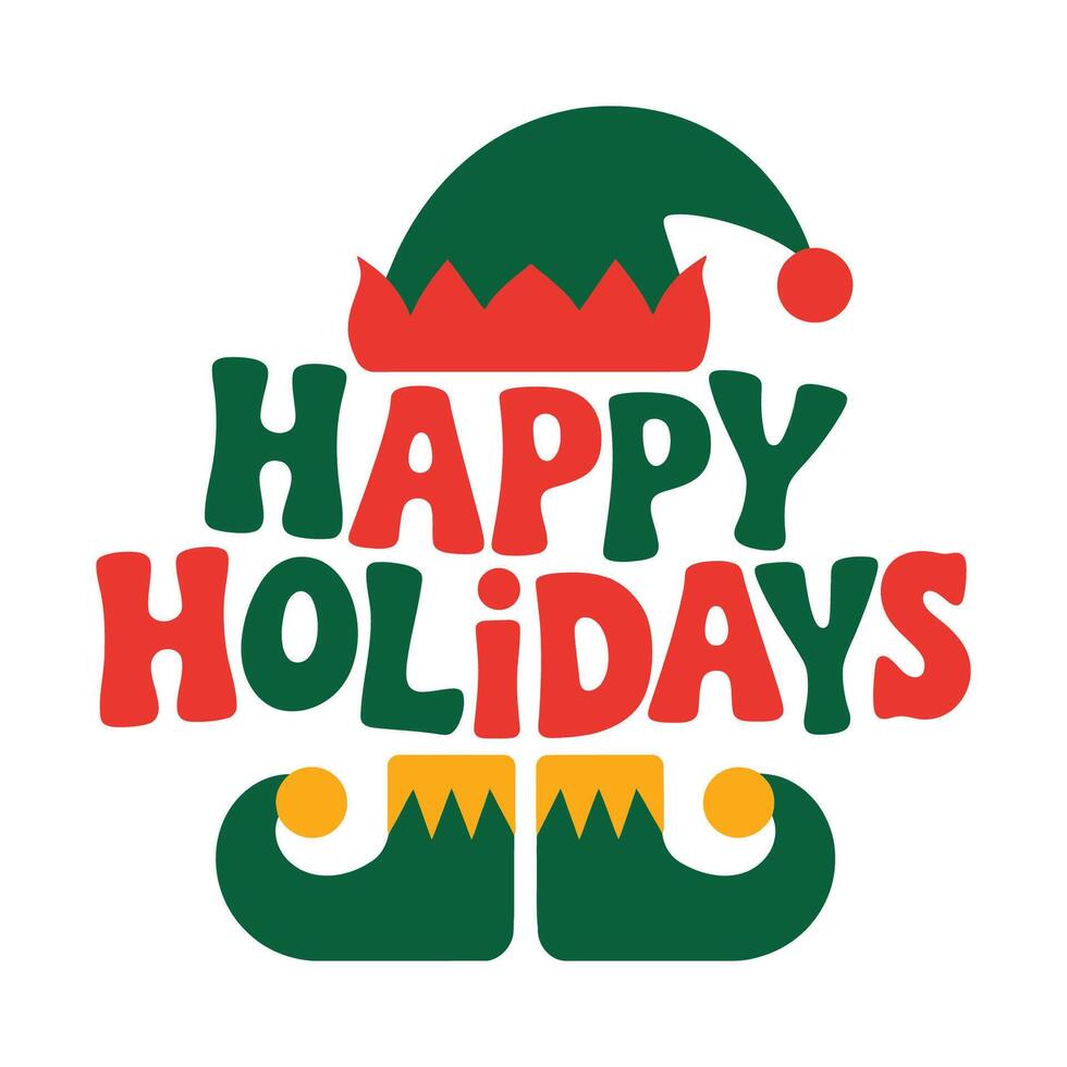 Festive Happy Holidays Text with Elf Hat and Shoes Cartoon Illustration vector