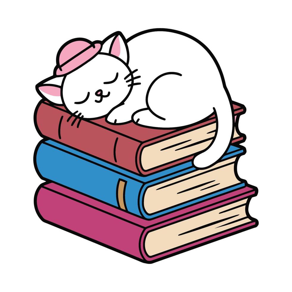 White cat napping on colorful stack of books illustration vector