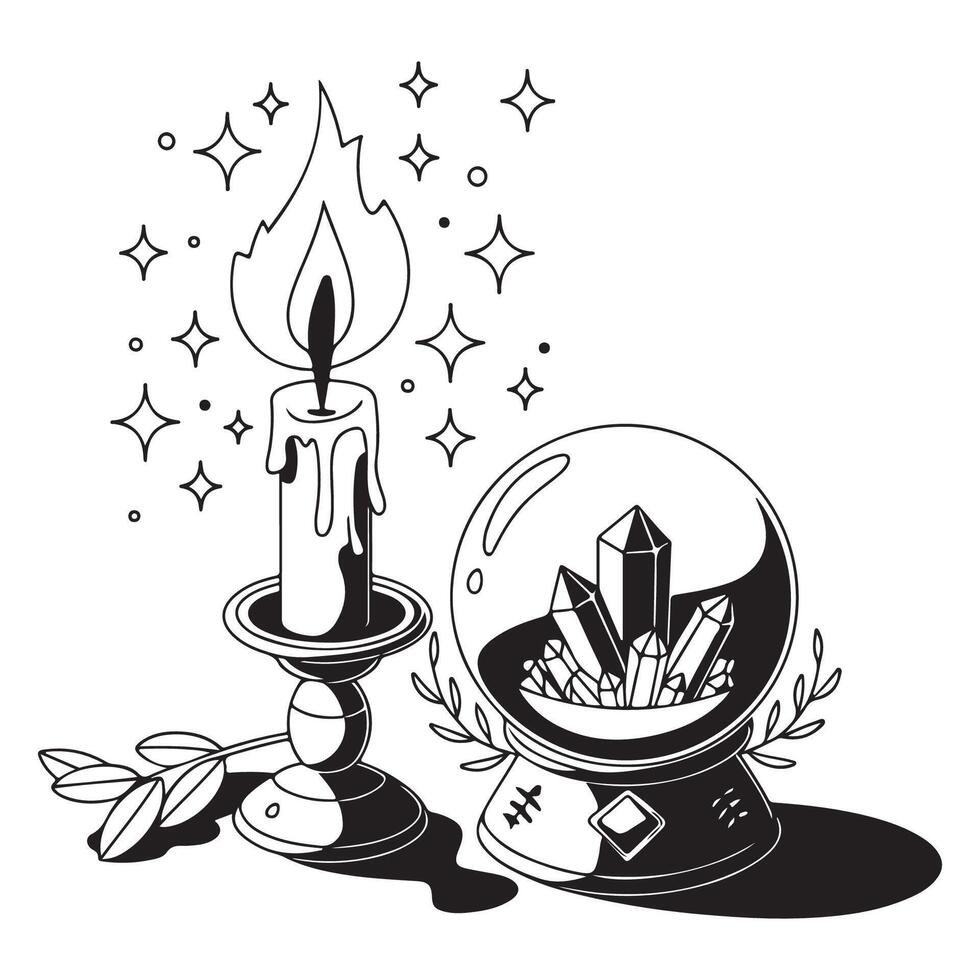 Monochrome mystical illustration with candle and crystal ball vector