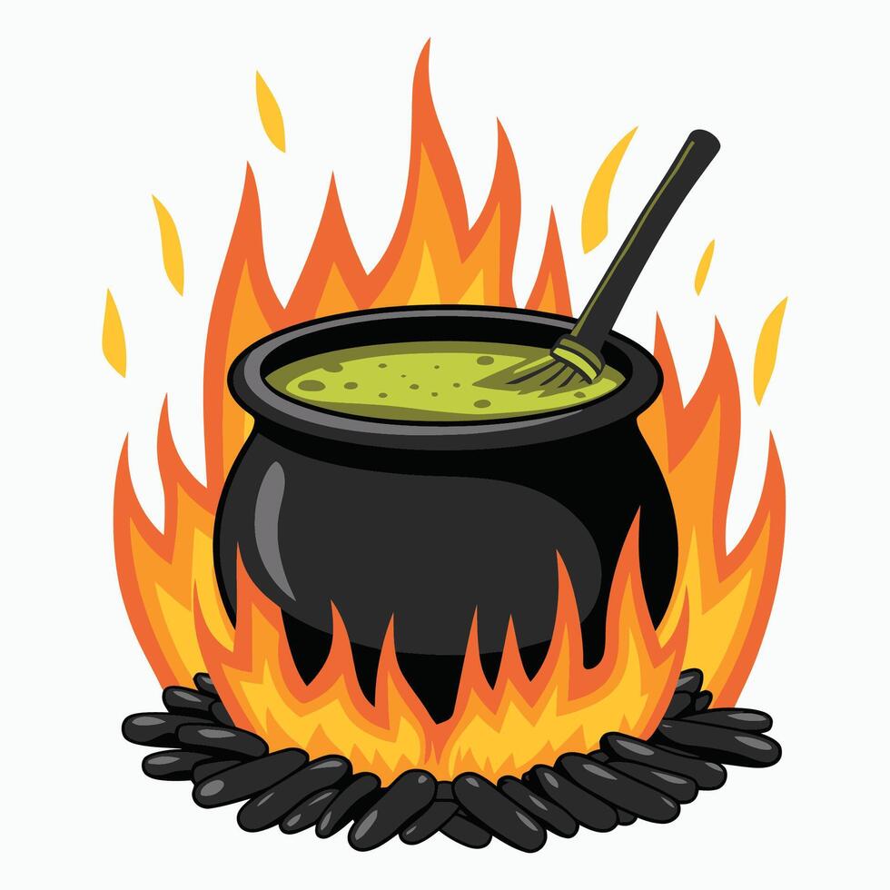 Witch potion boiling fiercely in iron cauldron amidst fire vector