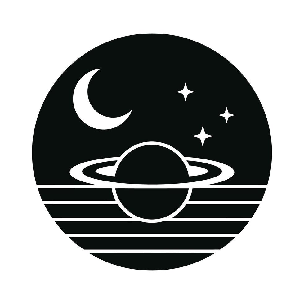 Crescent Moon and Ringed Planet in Cosmic Harmony Monochrome Illustration vector