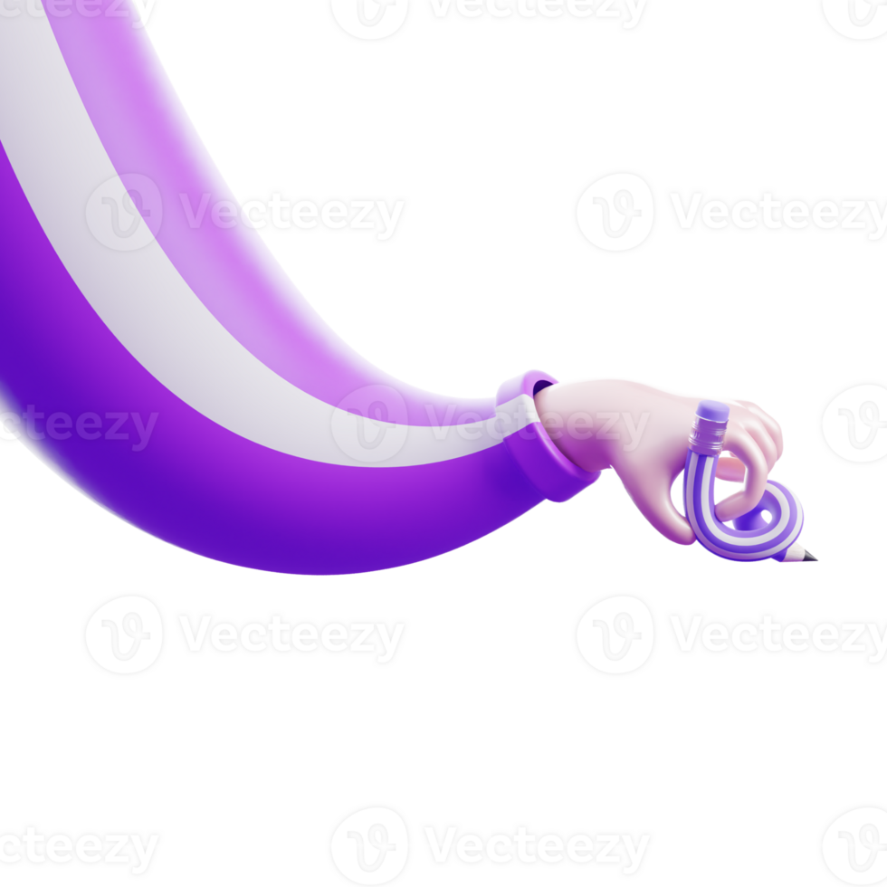 3D Illustration of a Cartoon Character's Flexible Hand Holding a Pencil, Isolated on Transparent Background. png