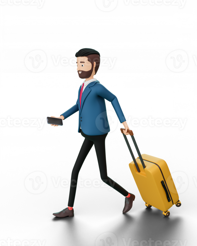 Businessman walking holding a smart phone and dragging a suitcase, Isolated on background. 3D render illustrations. png
