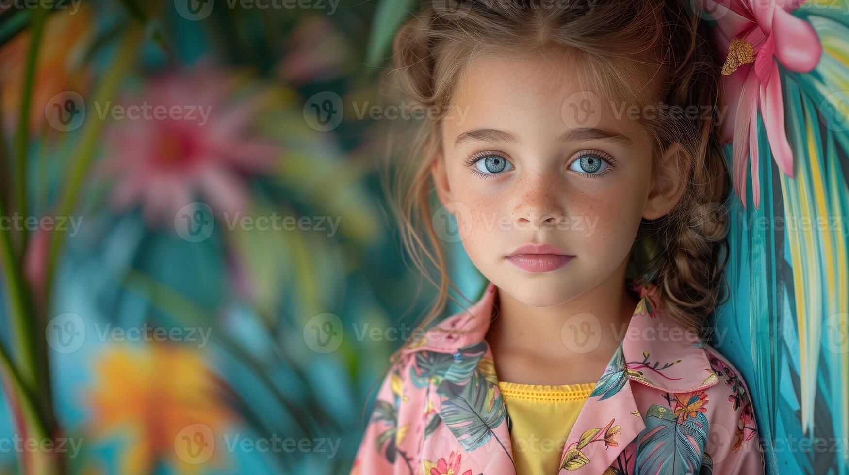 Portrait of a Little Girl with Blue Eyes and Freckles in a Tropical Setting photo