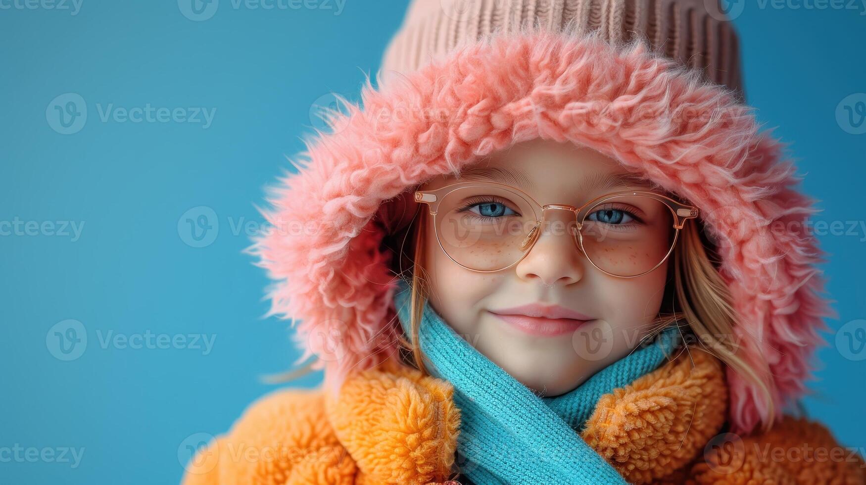 Cute Little Girl in Winter Clothes with Pink Fur Hood and Glasses photo