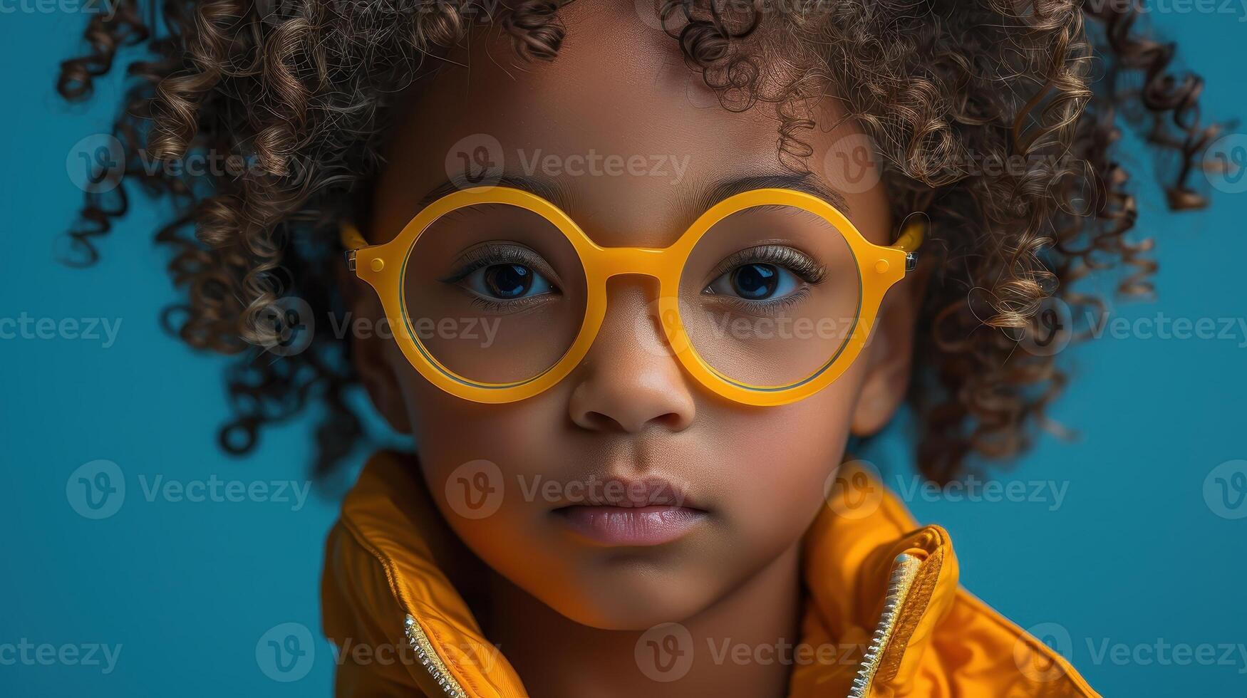 Portrait of a Young Girl with Curly Hair and Yellow Glasses photo