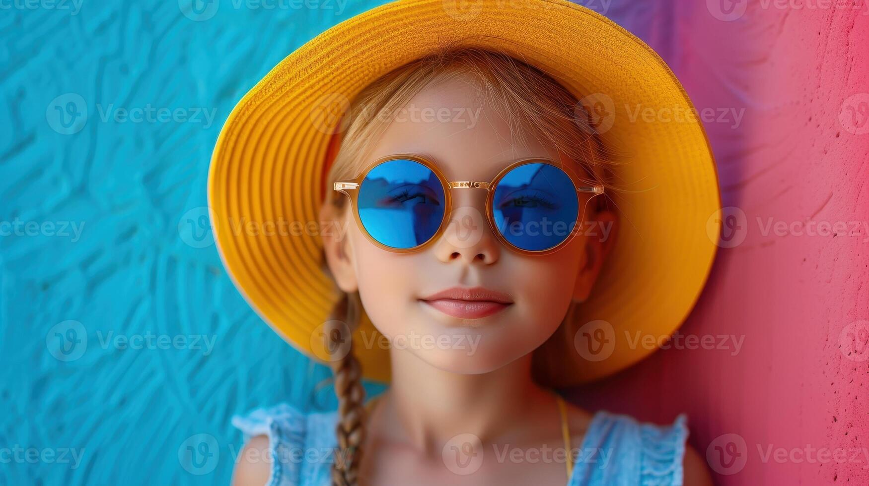 Cute Girl in Yellow Hat and Blue Sunglasses Against Colorful Wall photo
