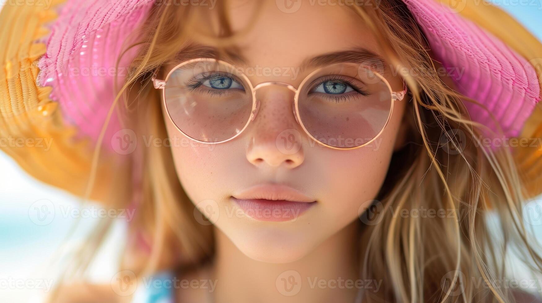 Beautiful Girl Wearing Pink Straw Hat Round Glasses photo