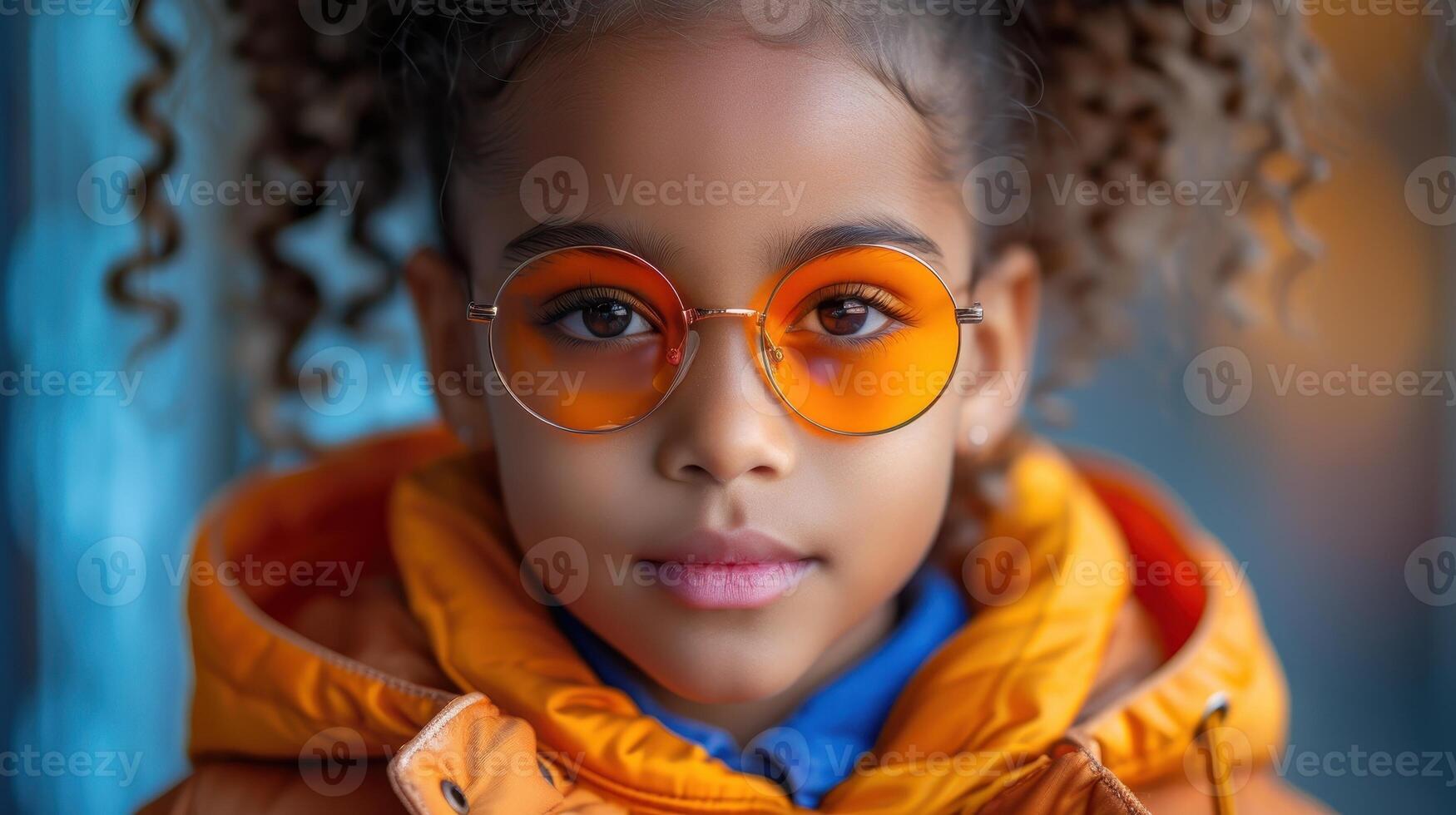 Portrait of a young girl with curly hair wearing orange sunglasses photo