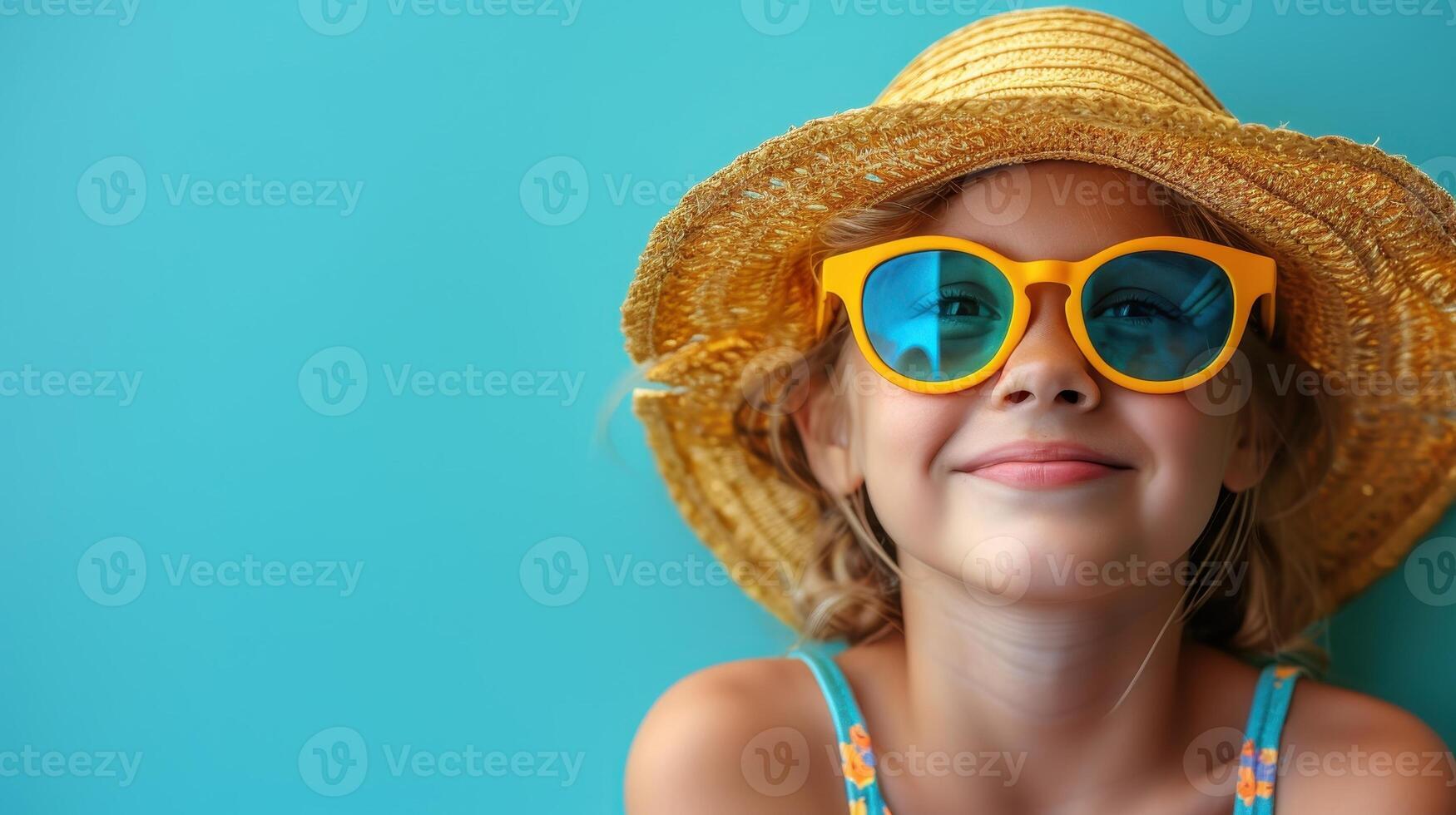 Happy Girl Wearing Sunglasses and Straw Hat on Blue Background photo